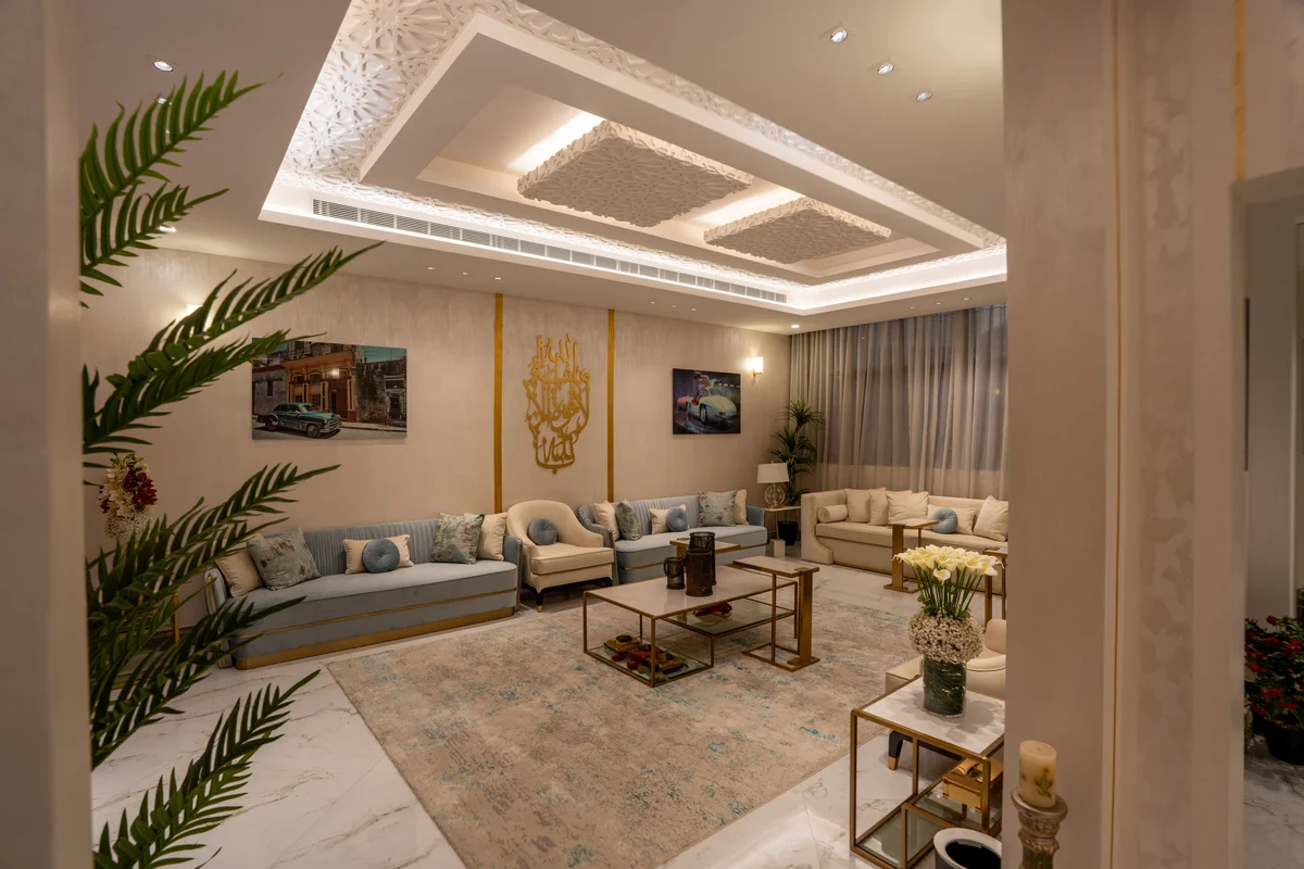 Light-filled lobby with sculptural centerpiece.